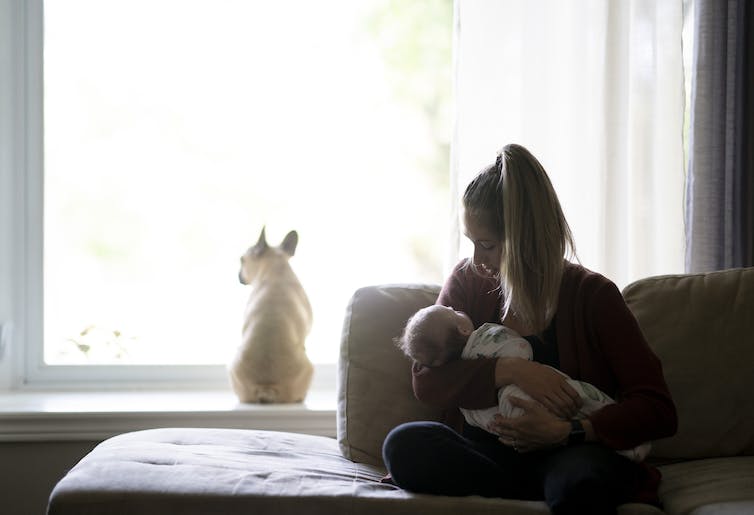 Une femme est assise sur un canapé avec un bébé tandis qu'un petit chien regarde par la fenêtre derrière elle.