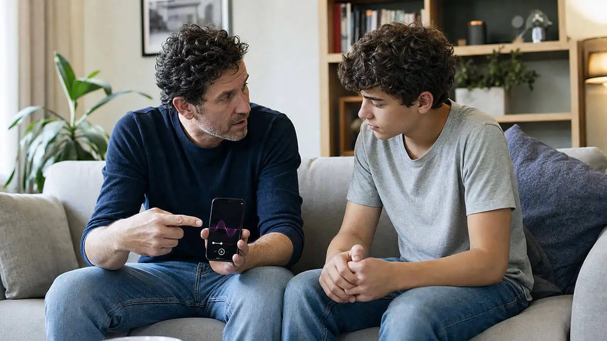 Illustration éditoriale chaleureuse et respectueuse : une mère ou un père discute calmement avec son fils adolescent à la maison, tous deux
