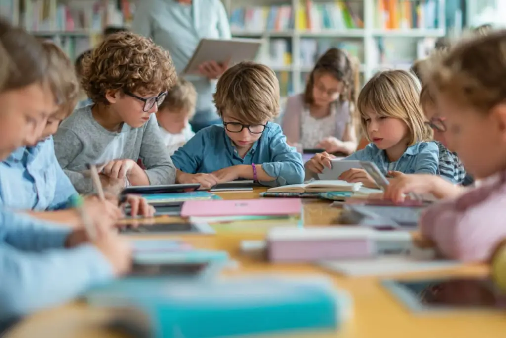 Des élèves du primaire étudient ensemble en classe, utilisant des livres, des cahiers et des tablettes autour d'une table commune.