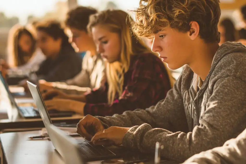 Une salle de classe du secondaire où cohabitent livres et technologie, reflétant les défis et les opportunités de l’ère numérique dans l’éducation.