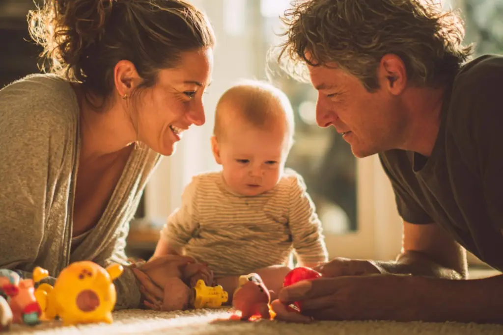 Maman et papa jouent avec leur bébé au sol avec des jouets colorés, stimulant ainsi son apprentissage précoce dans un environnement familial chaleureux.