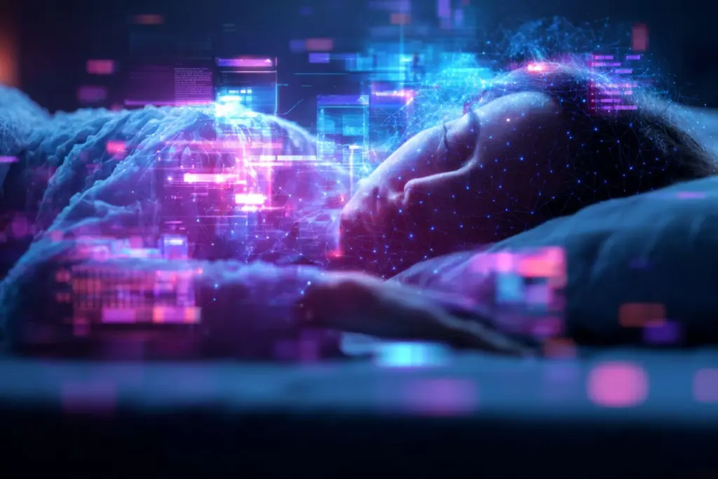 Visualisation artistique de la manière dont l'intelligence artificielle peut analyser les données de sommeil pour anticiper les naissances prématurées. La science ouvre de nouvelles voies pour un suivi prénatal plus précis et personnalisé.