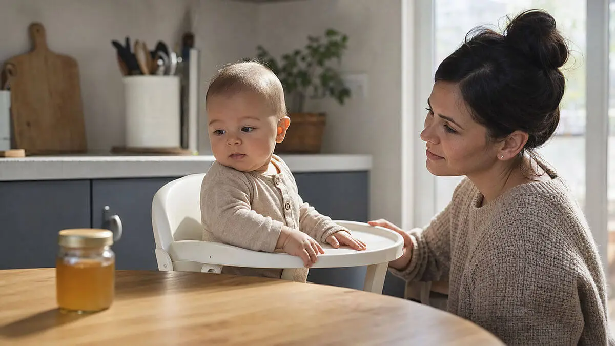 Illustration éditoriale d'un bébé de moins d'un an assis sur une chaise haute, avec un pot de miel fermé hors de portée et un 